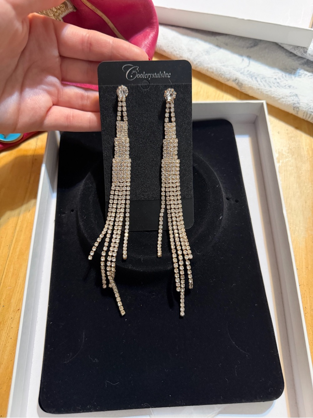 Gold Rhinestone Tassel Drop Earrings